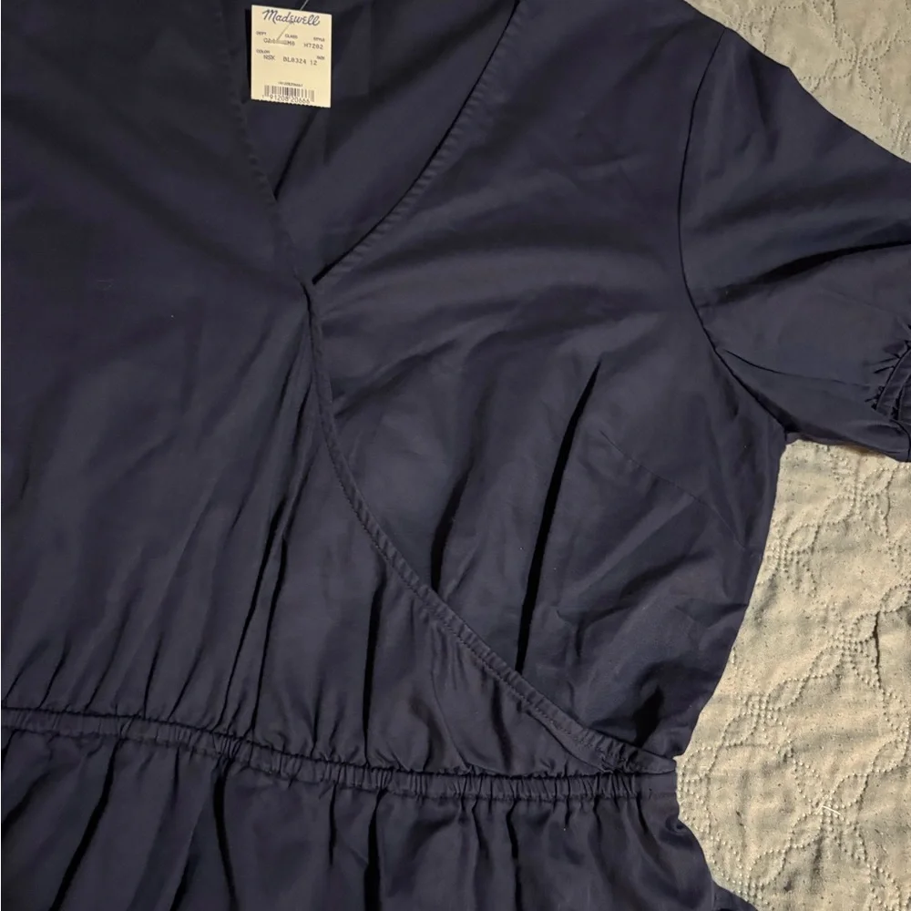 NWT Madewell Women's Navy Blue Ruffle-Tiered Short Sleeve V Neck Dress Size 12